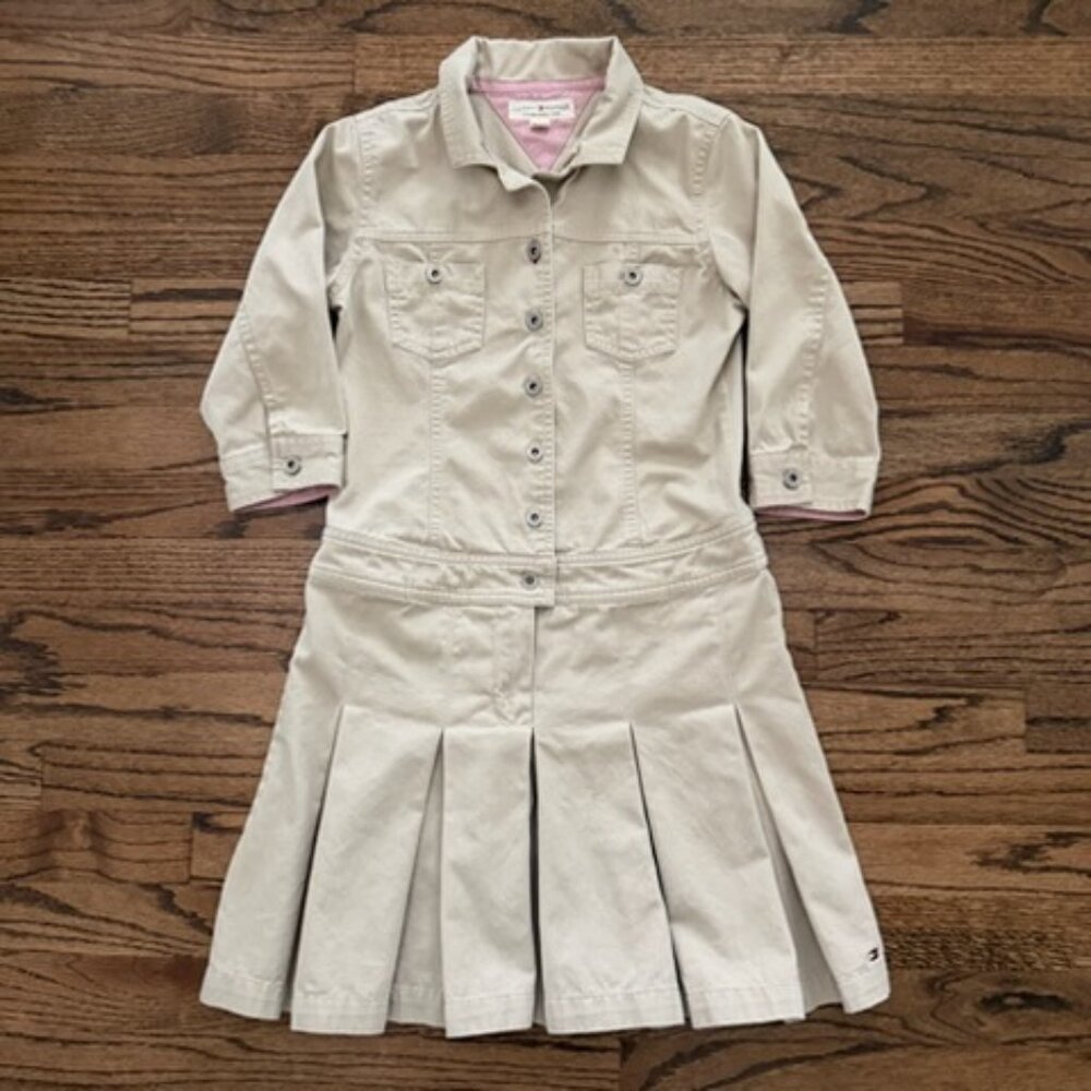 Tommy Hilfiger Khaki Utility Shirt Dress Girls Size 14 Pleated Skirt